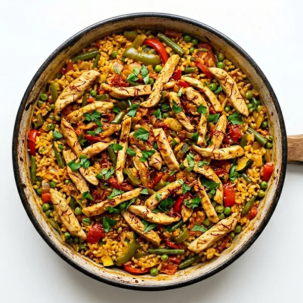 Spanish Chicken Soffritto With Saffron Veggie Paella